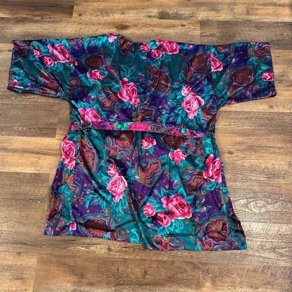 California Miss 1X VTG Floral Kimono Robe 80s/90s Teal Pink Roses Belted READ - Picture 2 of 8